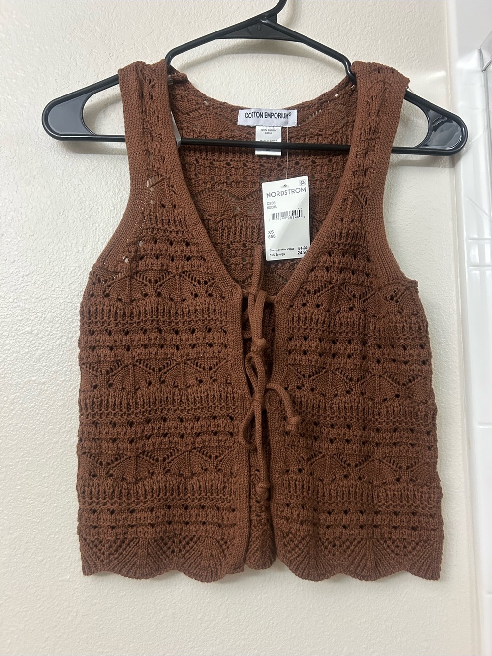 Cotton Emporium Brown Crochet Knit Tie-Front V-Neck Vest